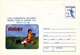 RUGBY, BUCHAREST CHILDREN'S CUP, COVER STATIONERY, ENTIERE POSTAUX, 1989, ROMANIA - Rugby