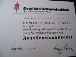 1939 Third Reich Stenografenschaft Anerkennungskarte With Swastika - Historical Documents