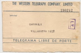 ARGENTINA - THE WESTERN TELEGRAPH COMPANY - C/1940´s COVER TELEGRAMA LIBRE DE PORTE  - LT. Violet Square CANCEL - Telegrafo