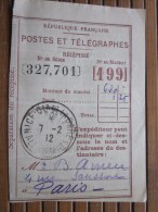 POSTES ET TELEGRAPHES Télégraphe Déclaration De Versement Récépissé Mandat Cachet à Date Nice Quartier De La Gare 1912 - Télégraphes Et Téléphones