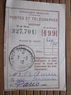 POSTES ET TELEGRAPHES Télégraphe Déclaration De Versement Récépissé Mandat Cachet à Date Nice Quartier De La Gare 1912 - Telegraphie Und Telefon