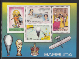 Barbuda MNH Scott #377a Souvenir Sheet Of 4 Soccer, Airplane, Hot Air Balloon, Coronation - Anniversaries - Barbuda (...-1981)