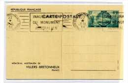 ENTIER POSTAL / MEMORIAL AUSTRALIEN / VILLERS BRETONNEUX / OBLITERATION MECANIQUE 1938 - Sonstige & Ohne Zuordnung