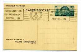 ENTIER POSTAL / MEMORIAL AUSTRALIEN / VILLERS BRETONNEUX / OBLITERATION MECANIQUE 1938 - Autres & Non Classés