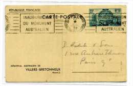 ENTIER POSTAL / MEMORIAL AUSTRALIEN / VILLERS BRETONNEUX / OBLITERATION MECANIQUE 1938 - Otros & Sin Clasificación