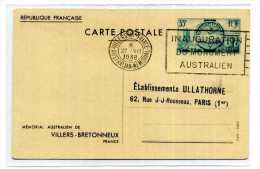 ENTIER POSTAL / MEMORIAL AUSTRALIEN / VILLERS BRETONNEUX / OBLITERATION MECANIQUE 1938 - Autres & Non Classés