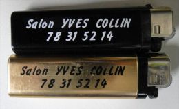 2 Briquets Publicitaires Salon Yves Collin (coiffeur Meyzieu, Rhône 69) / Noir / Or - Autres & Non Classés
