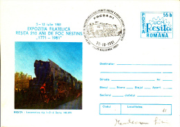 TRAINS, I-D-2 142072 LOCOMOTIVE RESITA MADE, COVER STATIONERY, ENTIERE POSTAUX, 1981, ROMANIA - Other & Unclassified