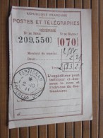 POSTES ET TELEGRAPHES Télégraphe Déclaration De Versement Récépissé Mandat Cachet à Date Perpignan Pyrénées-Orienta 1911 - Telegraphie Und Telefon