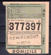RÉCÉPISSÉ Dépot D'un Colis SNCF. REMIREMONT -88- 14 Aout 1941 - Sonstige & Ohne Zuordnung