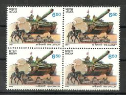 INDIA, 1991, 18th Cavalry Regiment - 70th Anniversary, Mounted Sowar & Tanks, Block Of 4, ,  MNH, (**) - Ungebraucht