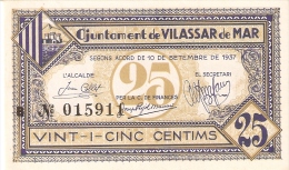 BILLETE DE 25 CTS DEL AJUNTAMENT DE VILASSAR DE MAR (SIN CIRCULRA-UNCIRCULATED)DEL AÑO 1937 (BANKNOTE) - Autres & Non Classés