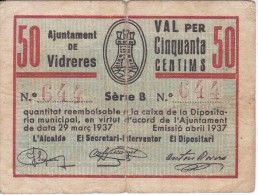 BILLETE DE 50 CTS DEL AJUNTAMENT DE VIDRERES DEL AÑO 1937 (BANKNOTE) - Andere & Zonder Classificatie