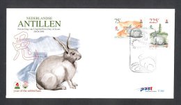 Miv302+Afb E302 FAUNA ZOOGDIER KNAAGDIER KONIJN CHINESE LUNAR YEAR OF THE RABBIT MAMMALS NEDERLANDSE ANTILLEN 1999 FDC'S - Rongeurs