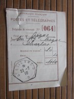 POSTES ET TELEGRAPHES Télégraphe Déclaration De Versement Récépissé Mandat Cachet à Date  Hexagonal Saint-Étienne 1910 - Télégraphes Et Téléphones