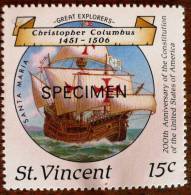 SAINT VINCENT Christophe Colomb Et Santa Maria Surchargé Specimen ** MNH - Christopher Columbus