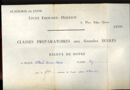 Lycée Edouard Herriot LYON Place Edgar Quinet Relevé De Notes Classes Préparatoires Aux Grandes Ecoles 1964 - Diplômes & Bulletins Scolaires