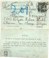 FRANCE 1901 - ENTIRE LETTER CARD Of 50c  CARTE PNEUMATIQUE - Pneumatici