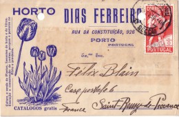 PORTUGAL - CARTE PRIVEE ILLUSTREE TULIPES HORTO DIAS FERREIRO PORTO DU 20-2-1939 POUR LA FRANCE. - Annullamenti Meccanici (pubblicitari)