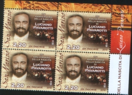 San Marino 2010 75 Anniversario Nascita Di Pavarotti 1v Complete Set In Quartina ** MNH - Nuovi