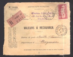 FRANCE 1931 PA N° 5 Obl. S/formulaire Valeurs à Recouvrer Recommandé (défaut) - 1927-1959 Lettres & Documents