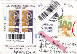 SCOUTISME ,CINDERELAS + STAMP  VERY RARE , COVER ON RETUR, FROM NORGES TO  ROMANIA - Pfadfinder-Bewegung