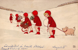 ENFANTS Dans LA NEIGE Avec CADEAUX Et COCHON - SUPERBE ILLUSTRATION SIGNÉE: PAULI EBNER (o-119) - Ebner, Pauli