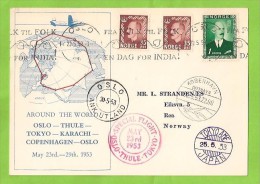 NORVEGIA NORWAY NORGE CARTOLINA SPECIAL FLIGHT OSLO - THULE - TOKYO 23-5-1953 - Briefe U. Dokumente