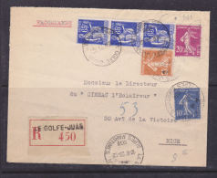 FRANCE LETTRE RECOMMANDEE AVEC 65C TYPE PAIX + DIVERSES SEMEUSES EN DATE DU 23.12.1938 - Covers & Documents