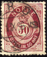 Norway #30 Used 50o Maroon Post Horn From 1877 - Gebruikt