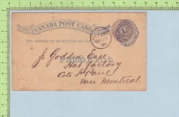 1 Cent 1892 Entier Postal Cancellation Etampe Rayée Avec #1, Petite Carte Expédié à Cote St-Paul P. Quebec 2 Scans - 1860-1899 Regering Van Victoria