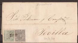 ESCA133-LC2895TIG.Spain.Es Pagne.CARTA  DE BARCELONA  A SEVILLA.Alfonso Xll. .1874.(Ed 133+141) - War Tax