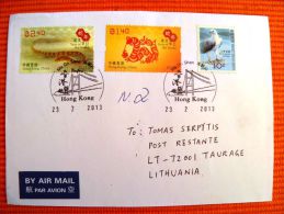 Cover Sent From Hong Kong To Lithuania On 2013 Special Cancel Bridge Point, Bird Oiseaux Eagle Year Of The Snake Animals - Covers & Documents