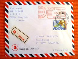 Cover Sent From Turkey To Lithuania On 1995, Atm Label Satellite Map Registered - Briefe U. Dokumente