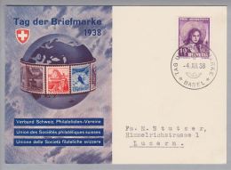 Schweiz Sonderstempel 1938-12-04 Tag Der Briefmarke Basel Auf Offiz.Karte Deutsch - Cartas & Documentos