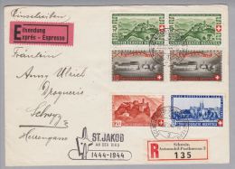 Schweiz Pro Patria 1944-08-22 Automobil-Poststempel Auf Express-R-Brief Mit Sonderstempel St.Jakob A.d.Birs - Storia Postale