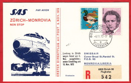 Brief SAS Zürich Monrovia / Liberia  Non Stop 6.11.72 / 13.11.72 Landung In Zürich / Nr 559 Ankunfstempel Hinten - Eerste Vluchten