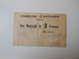 Aisne 02 Artemps  , 1ère Guerre Mondiale 2 Francs , Le Dernier D'Artemps - Bons & Nécessité