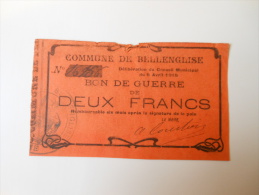 Aisne 02 Bellenglise , 1ère Guerre Mondiale 2 Francs 8-4-1915 - Bons & Nécessité