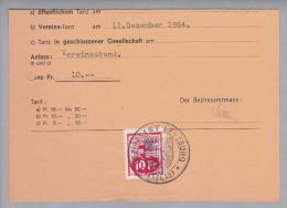 Heimat AG Lenzburg 1954-12-14 Tanzbewilligung Fr.10 Fiscalmarke - Steuermarken