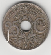 Piéce De 25  Centimes 1927  Avec Une Coulure   De Métal Sur Le 2 De 25...piéce Fautée - Abarten Und Kuriositäten