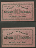 Estland Estonia 10 Marka 1922 - 2 Bank Notes Banknotes With Serial Numbers In The Row - Estland