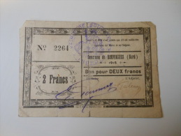 Nord 59 Bouvignies , 1ère Guerre Mondiale 2 Francs 1915 R , Le Dernier De Cette Commune - Bons & Nécessité