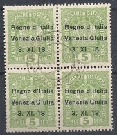 1918 VENEZIA GIULIA USATO 5 H QUARTINA VARIETà - RR11849 - Venezia Giuliana