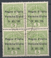 1918 VENEZIA GIULIA USATO 5 H QUARTINA VARIETà - RR11849 - Venezia Giulia