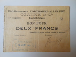 Normandie 76 Gruchet-le-Valasse Ets Forthomme-Alleaume-Ozanne & Cie , 1ère Guerre Mondiale 2 Francs R - Bons & Nécessité
