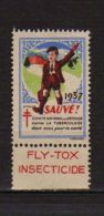 Timbre Vignette , Avec Bande Publicitaire FLY TOX Insecticide, De1937 - Deux Sous Pour La Santé - Sauvé, - Antituberculeux