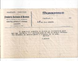 Courrier (Mémorandum) Frédéric Hallouin Et Naveau Rue Du Château Et Rue Ste Marthe à Châtellerault (86) Des Années 1930 - Printing & Stationeries