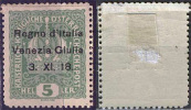 ITALY - VENEZIA  GIULIA - ERRORE - CARTA RICONGIUNTA  ?  - 5 Hel - *MLH - 1919 - Venezia Giulia