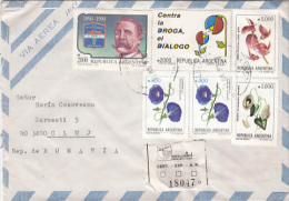 FLOWERS, ANTIDRUG CAMPAIGN, SHIPS, STAMP ON REGISTERED AIRMAIL COVER, 1990, ARGENTINA - Cartas & Documentos